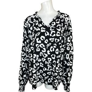 Denim & Co. Valentine's Day Printed Blouse w/ Smocked Cuff Black 2X